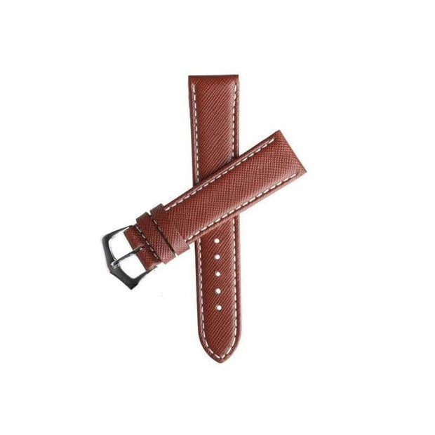 Brown Saffiano Folded Edge White Stitches Watch Strap