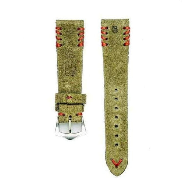 Military Green Suede Vintage Watch Strap Tribal Red Stitches